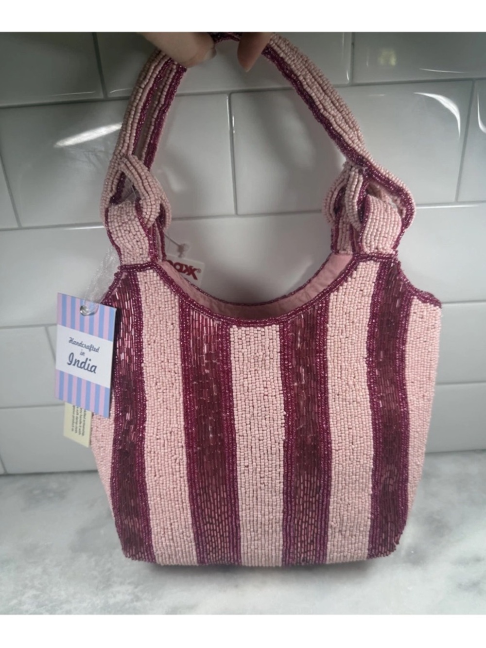 New Release Beaded Pink Striped Shoulder Bag Clutch Made in India NWT